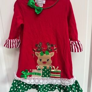 Bonnie Jean 3T Girls Red & Green Reindeer Christmas Holiday Long Sleeve Dress